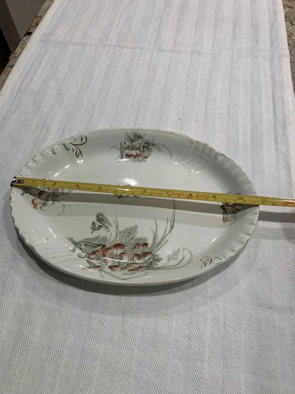 Antique Ironstone Transferware Platter, Soft Peach and Sage floral